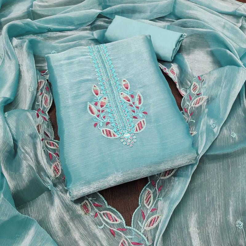 Women sky blue barbarik silk  dress material with dupatta