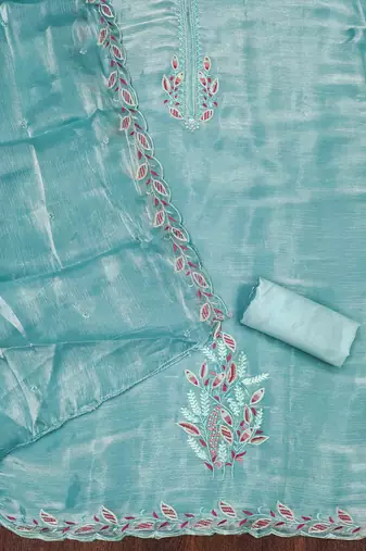 Women sky blue barbarik silk dress material with dupatta