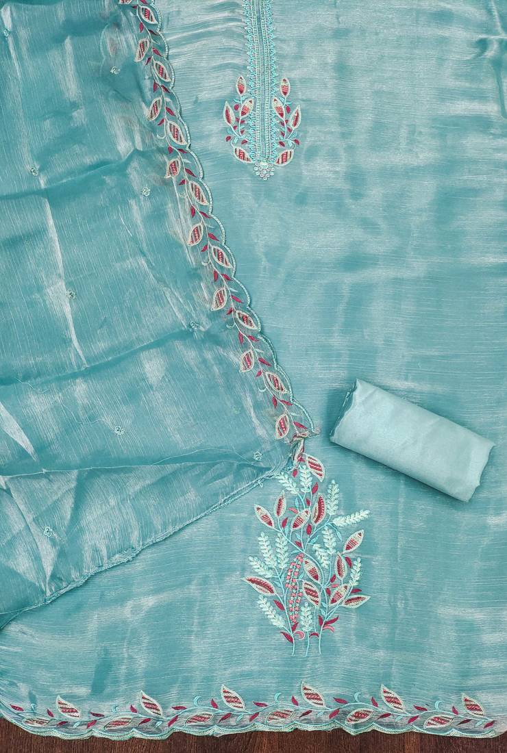 Women sky blue barbarik silk  dress material with dupatta