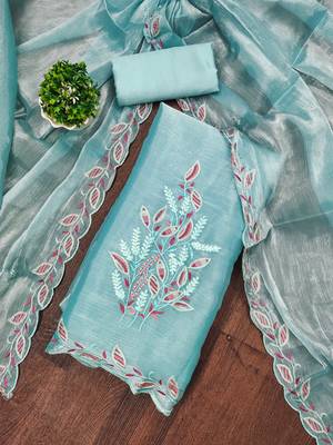 Women sky blue barbarik silk dress material with dupatta 4