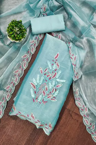 Women sky blue barbarik silk dress material with dupatta