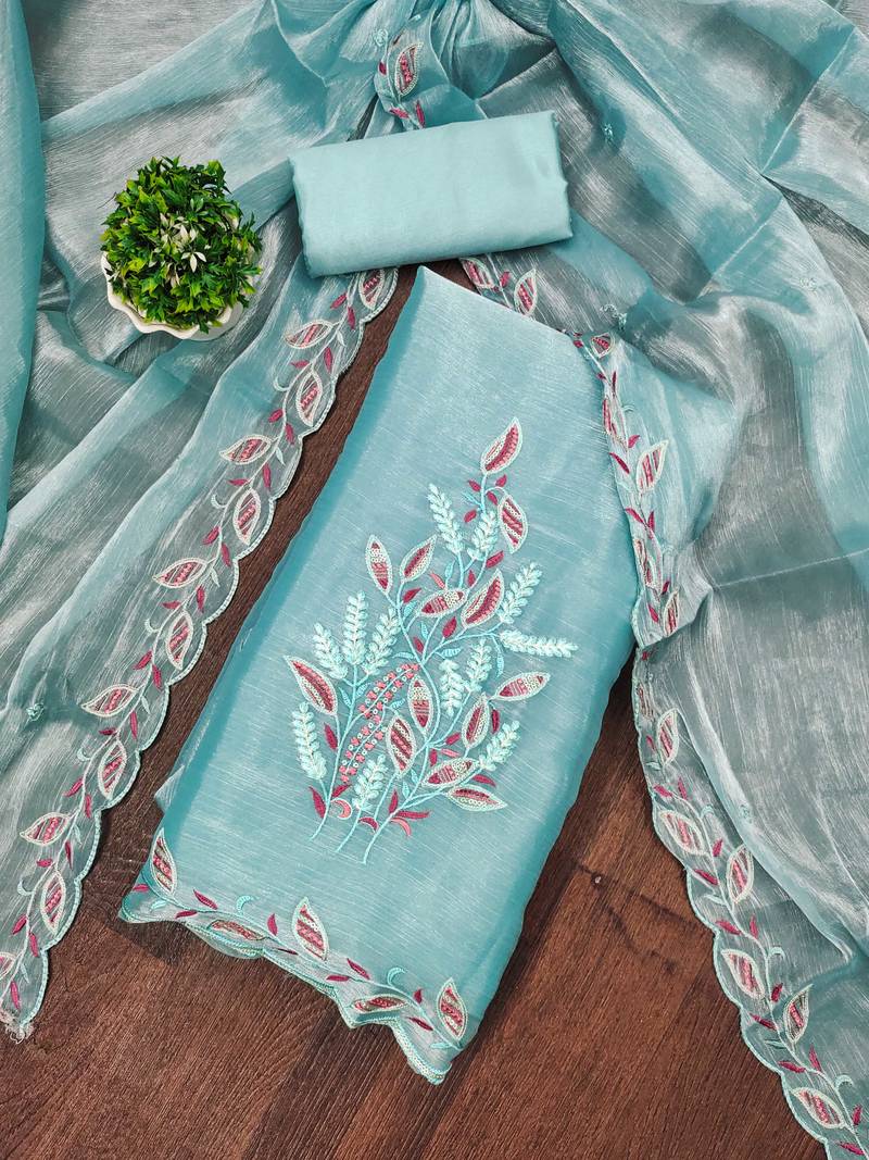 Women sky blue barbarik silk  dress material with dupatta