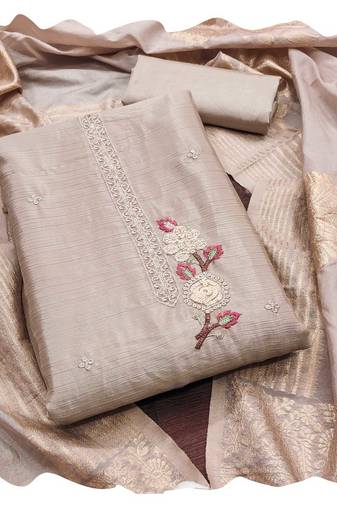 Women grey chinon silk  dress material with dupatta