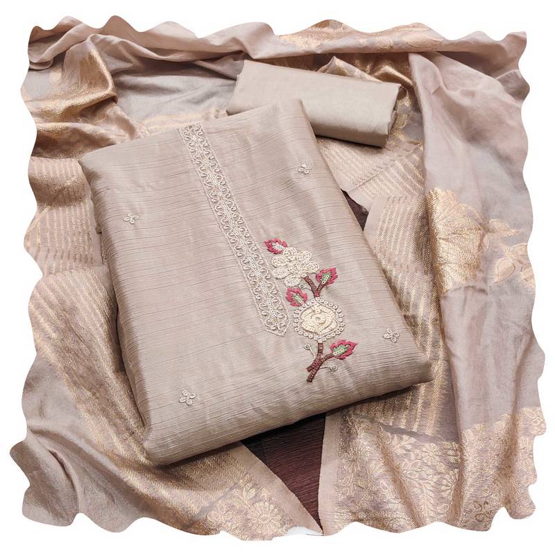 Women grey chinon silk  dress material with dupatta