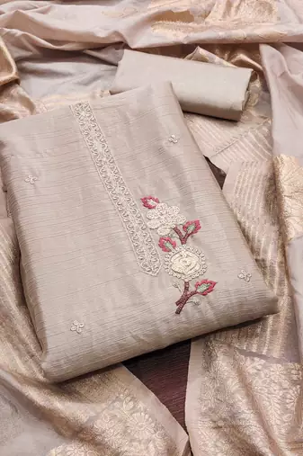 Women grey chinon silk dress material with dupatta