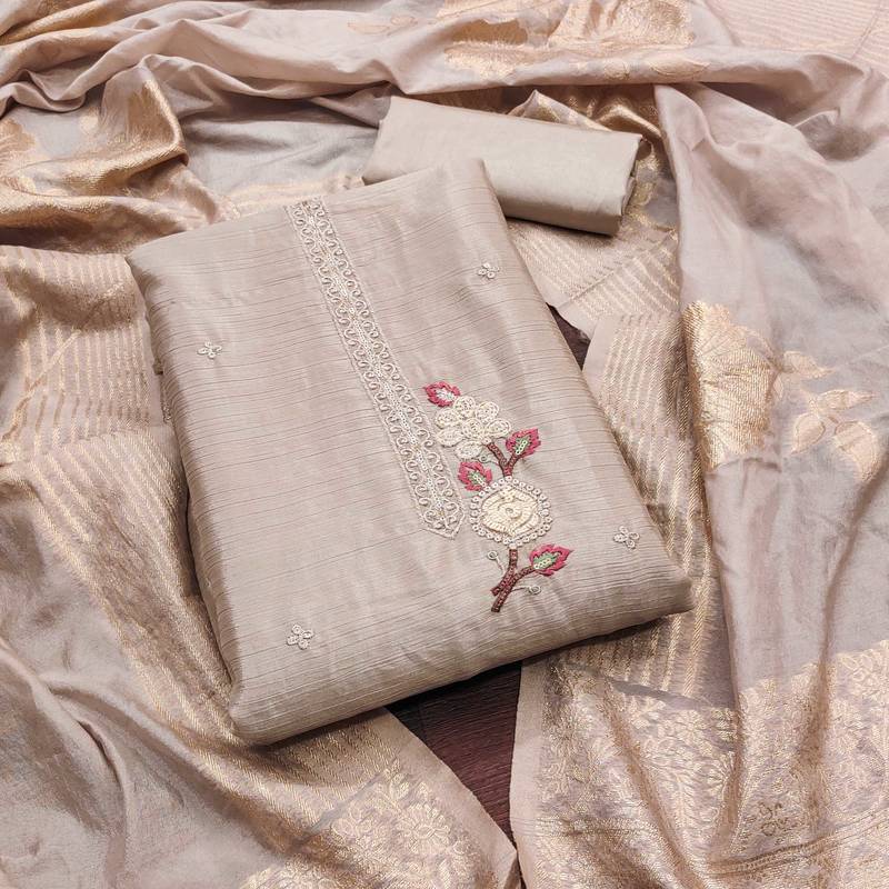 Women grey chinon silk  dress material with dupatta