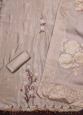 Women grey chinon silk dress material with dupatta 3