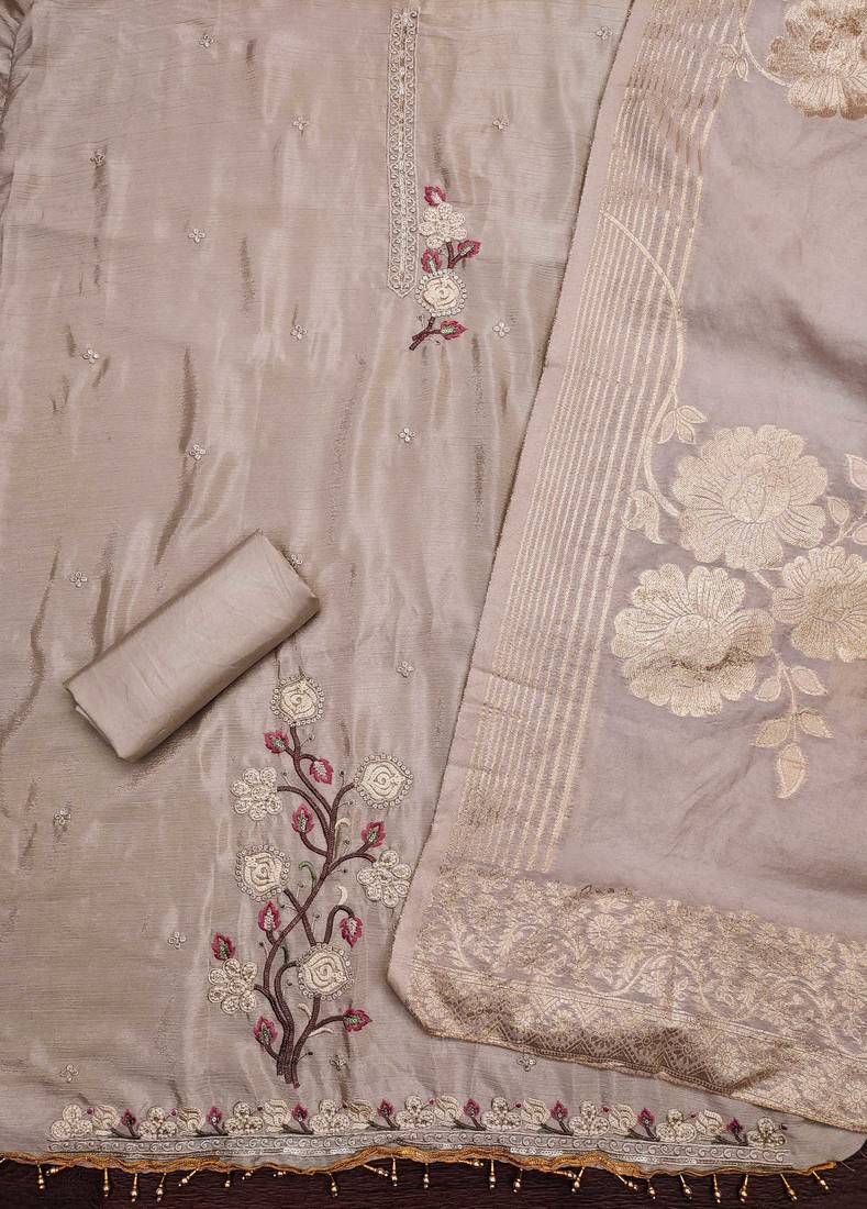 Women grey chinon silk  dress material with dupatta