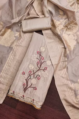 Women grey chinon silk dress material with dupatta