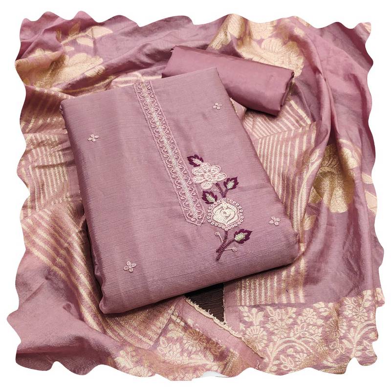 Women levender chinon silk  dress material with dupatta
