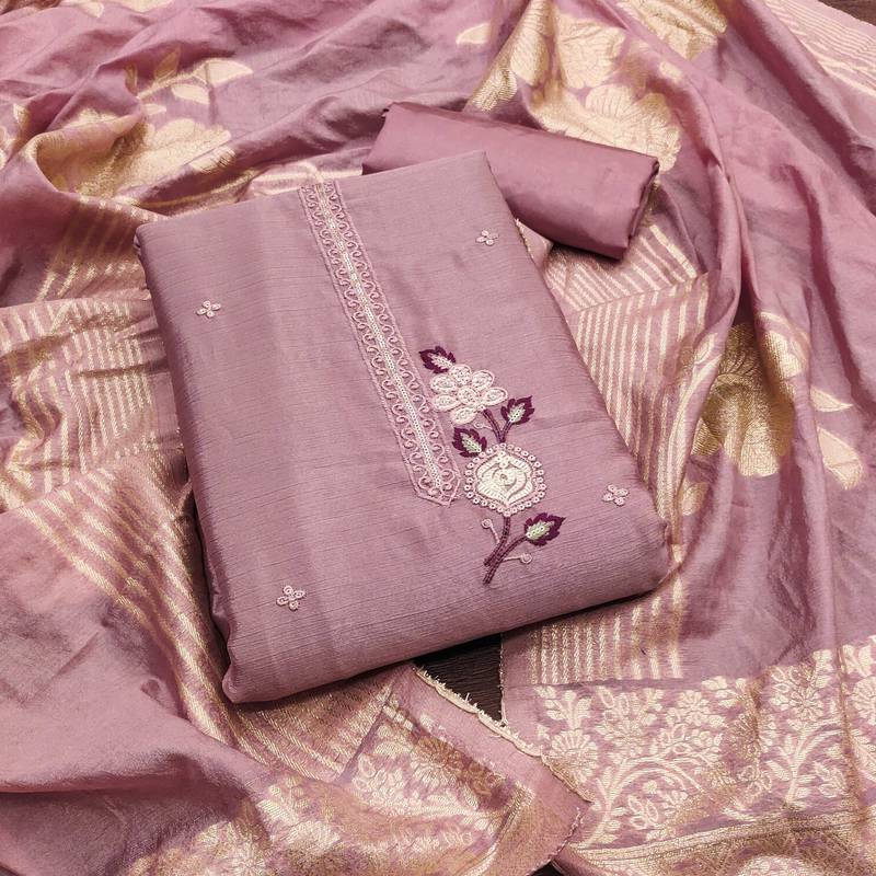 Women levender chinon silk  dress material with dupatta