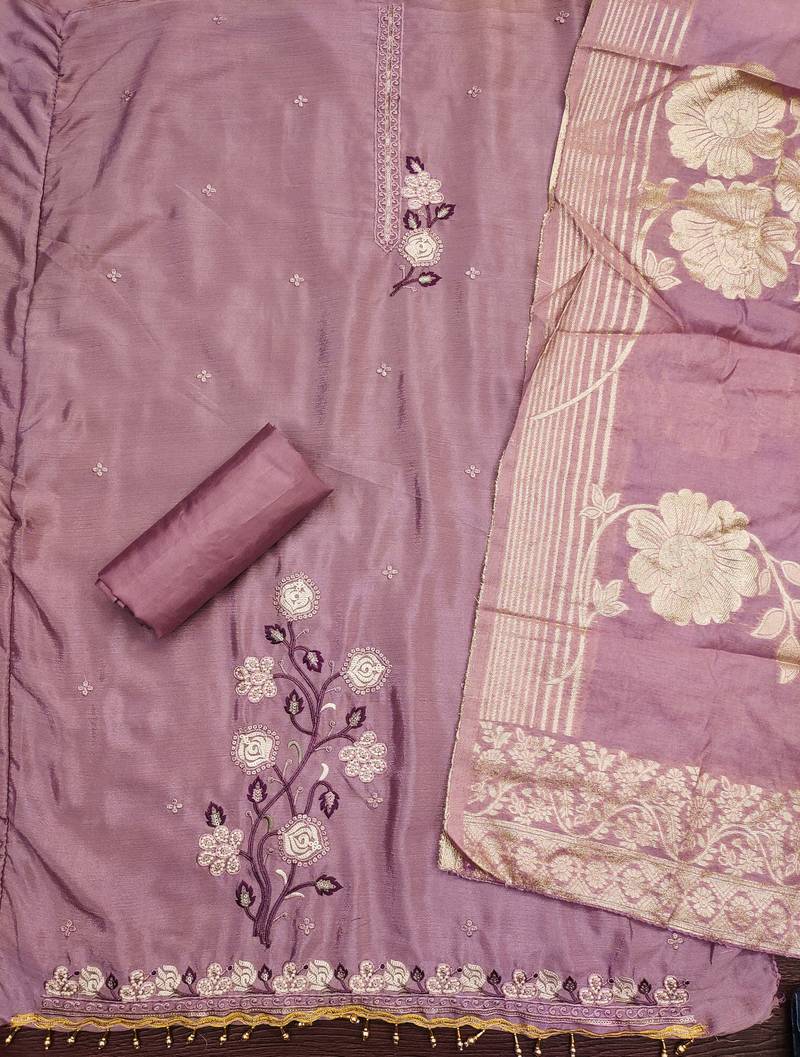 Women levender chinon silk  dress material with dupatta