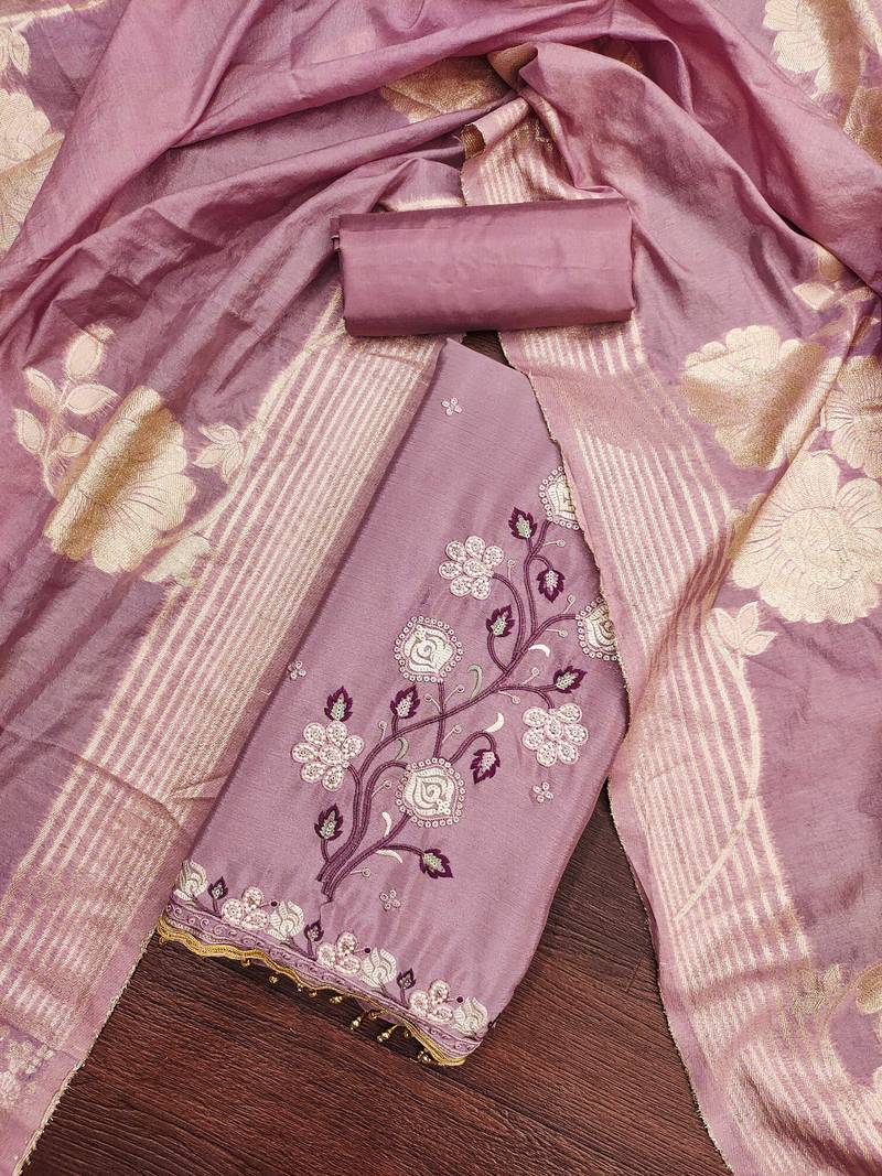 Women levender chinon silk  dress material with dupatta