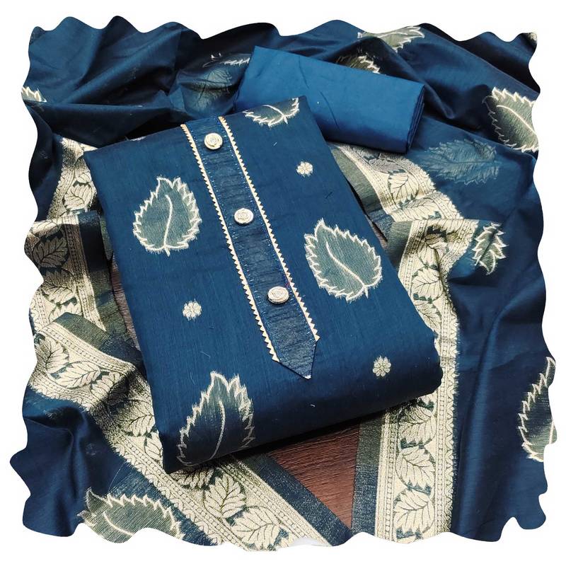 Women blue simmer jacquard  dress material with dupatta