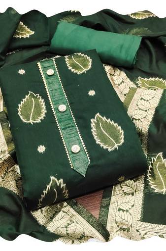 Women green simmer jacquard  dress material with dupatta