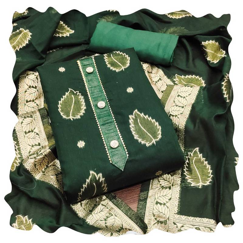 Women green simmer jacquard  dress material with dupatta