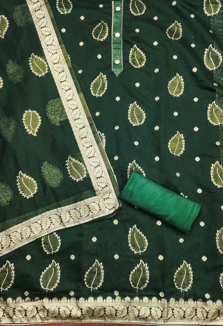 Women green simmer jacquard  dress material with dupatta