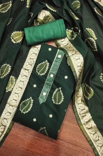 Women green simmer jacquard dress material with dupatta