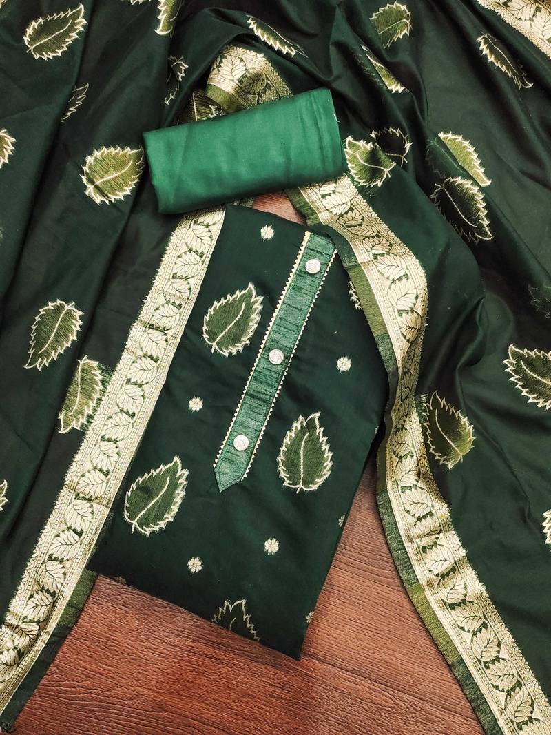 Women green simmer jacquard  dress material with dupatta