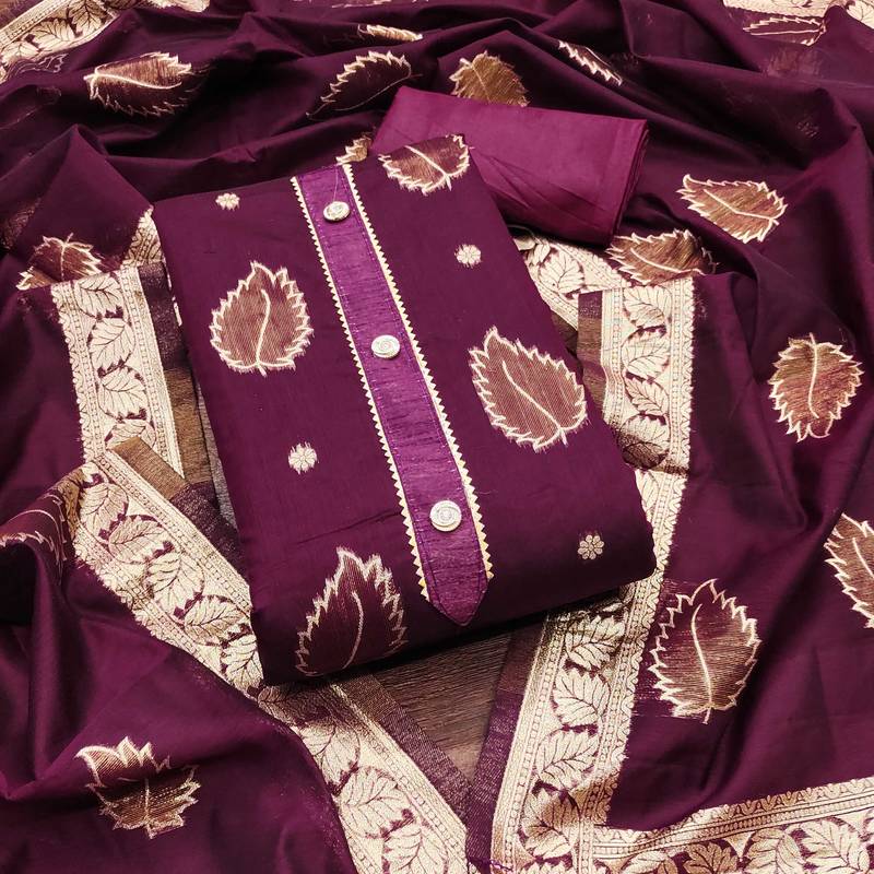 Women magenta simmer jacquard  dress material with dupatta