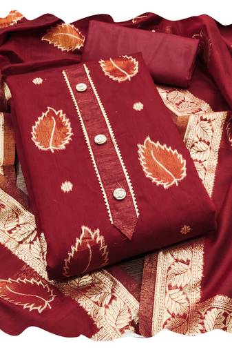 Women maroon simmer jacquard  dress material with dupatta