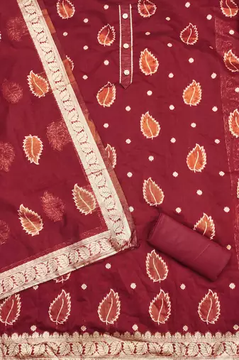 Women maroon simmer jacquard dress material with dupatta