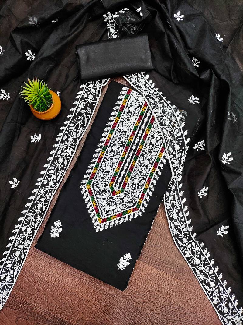 Women black modal cotton  dress material with dupatta