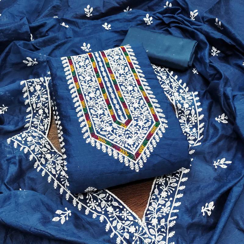 Women blue modal cotton  dress material with dupatta