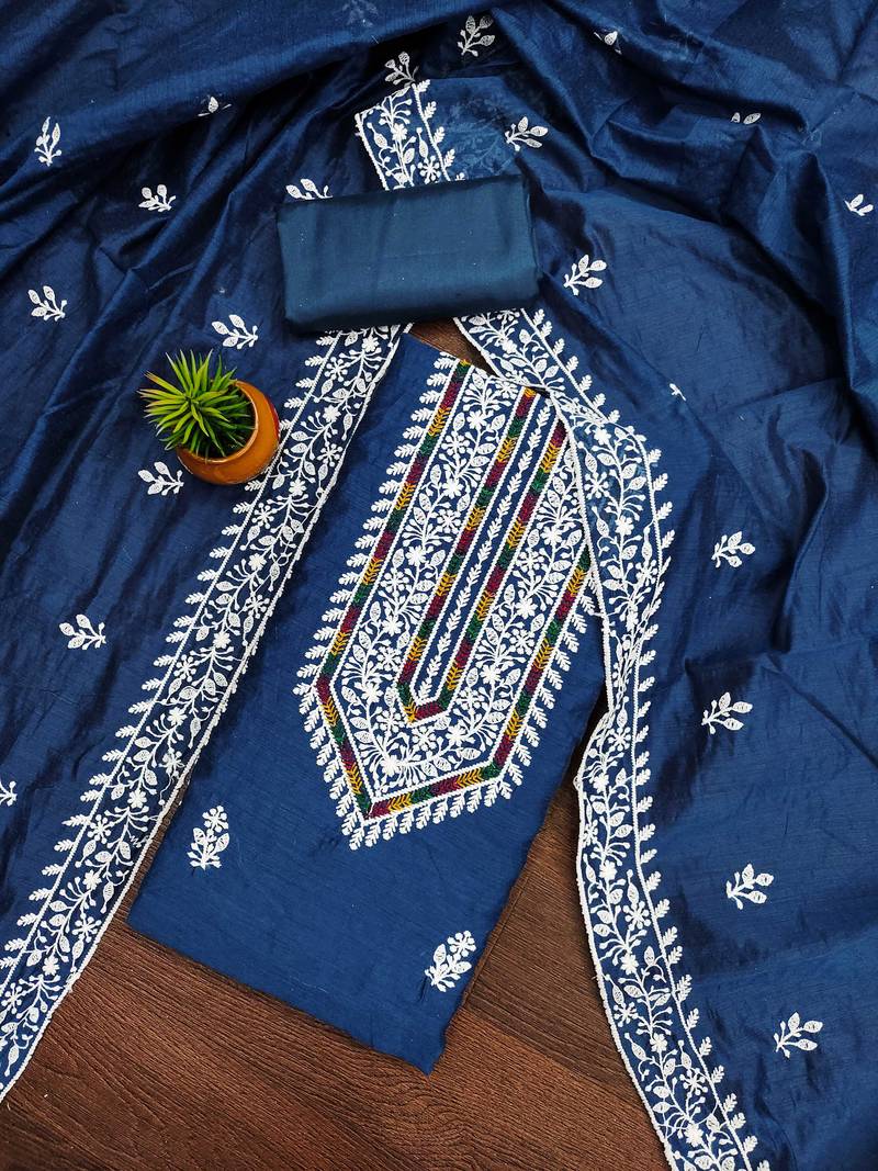 Women blue modal cotton  dress material with dupatta