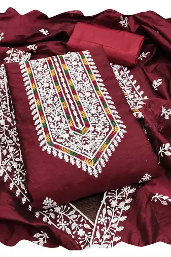 Women maroon modal cotton  dress material with dupatta