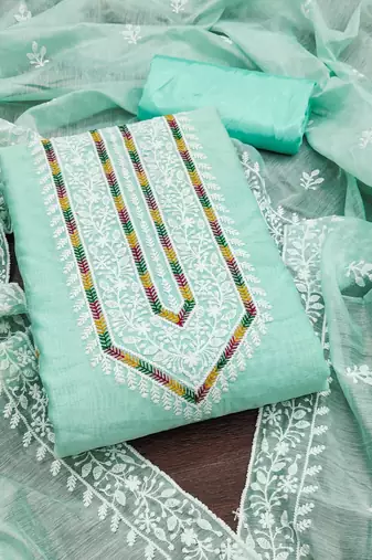 Women sea green modal cotton dress material with dupatta