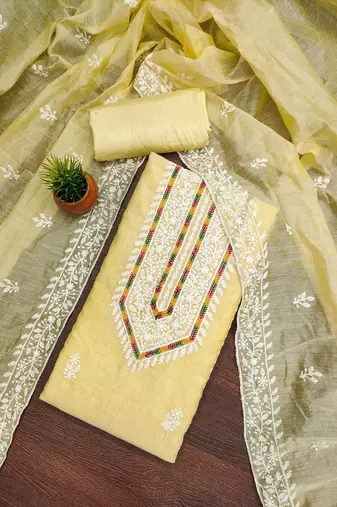 Women yellow modal cotton dress material with dupatta