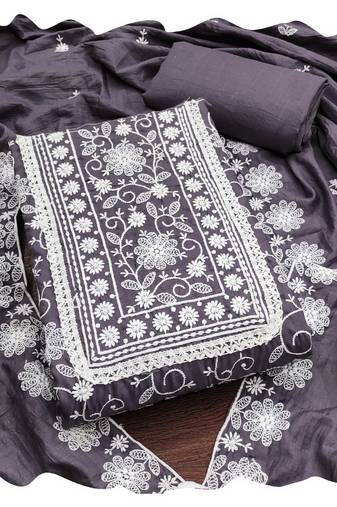 Women grey parampara silk  dress material with dupatta