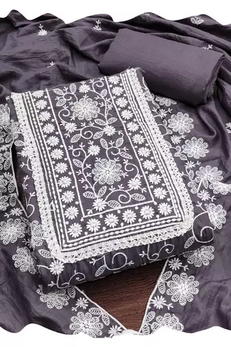 Women grey parampara silk  dress material with dupatta