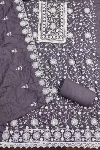 Women grey parampara silk dress material with dupatta