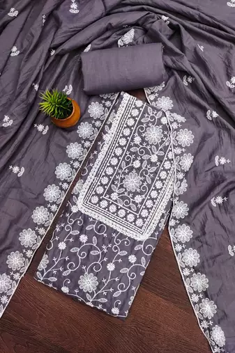 Women grey parampara silk dress material with dupatta