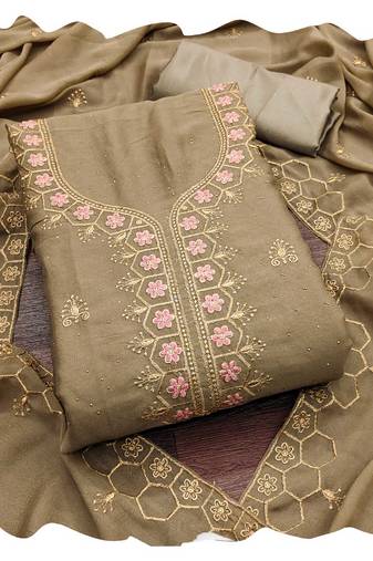 Women beige star georgette  dress material with dupatta