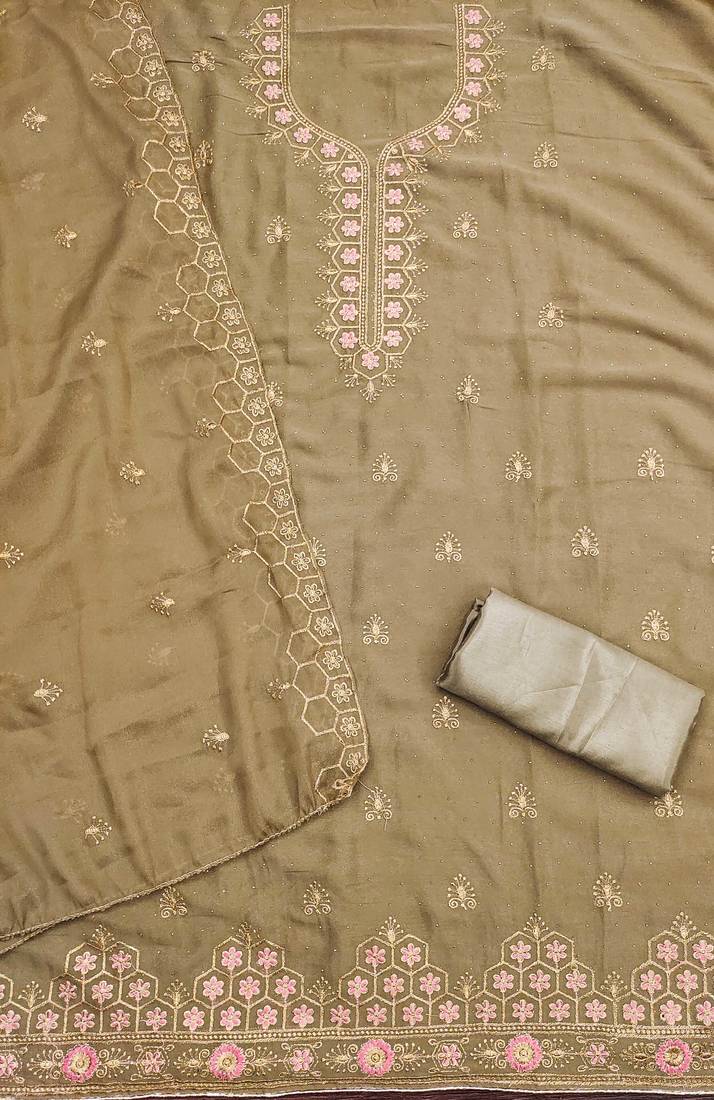 Women beige star georgette  dress material with dupatta