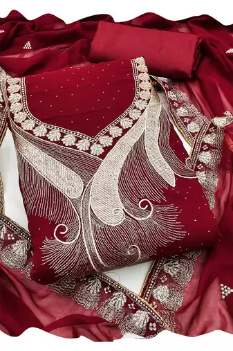 Women maroon georgette  dress material with dupatta