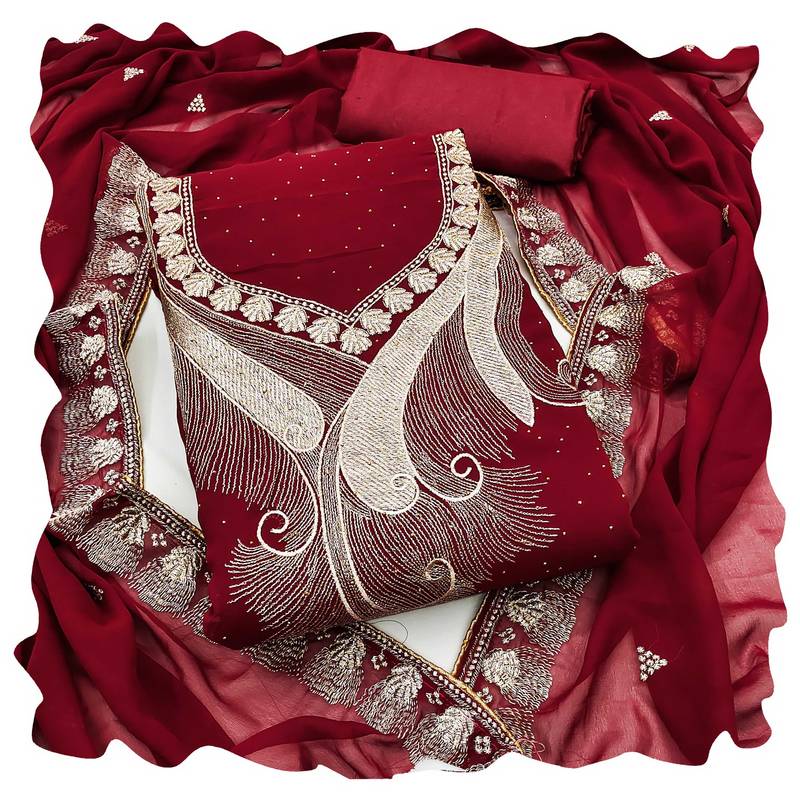 Women maroon georgette  dress material with dupatta