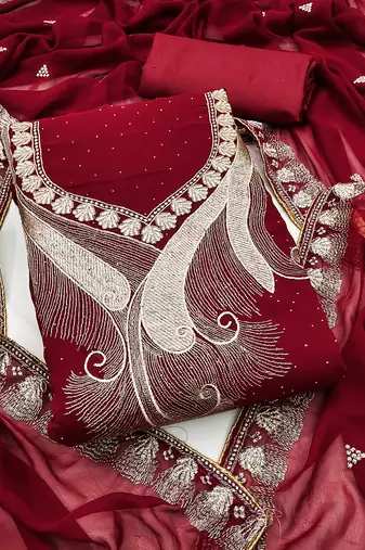 Women maroon georgette  dress material with dupatta