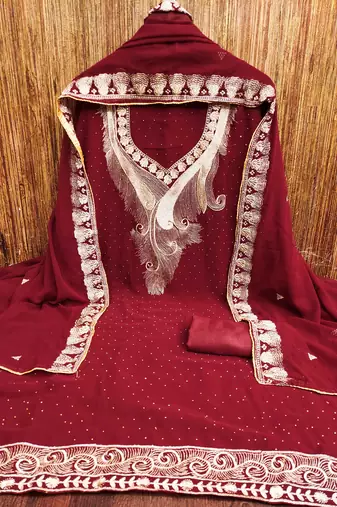 Women maroon georgette  dress material with dupatta