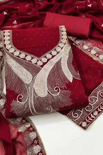 Women maroon georgette  dress material with dupatta