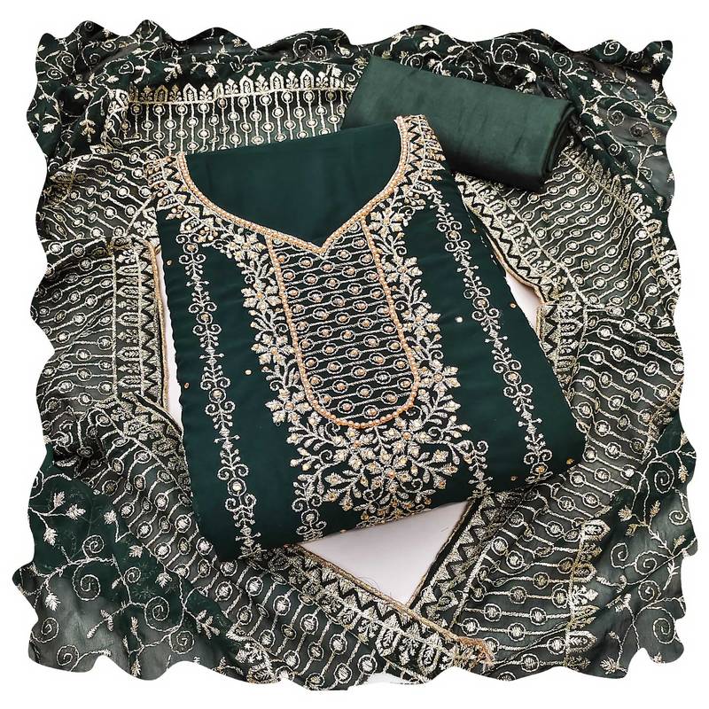 Women green georgette  dress material with dupatta