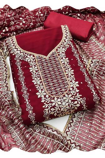 Women maroon georgette  dress material with dupatta