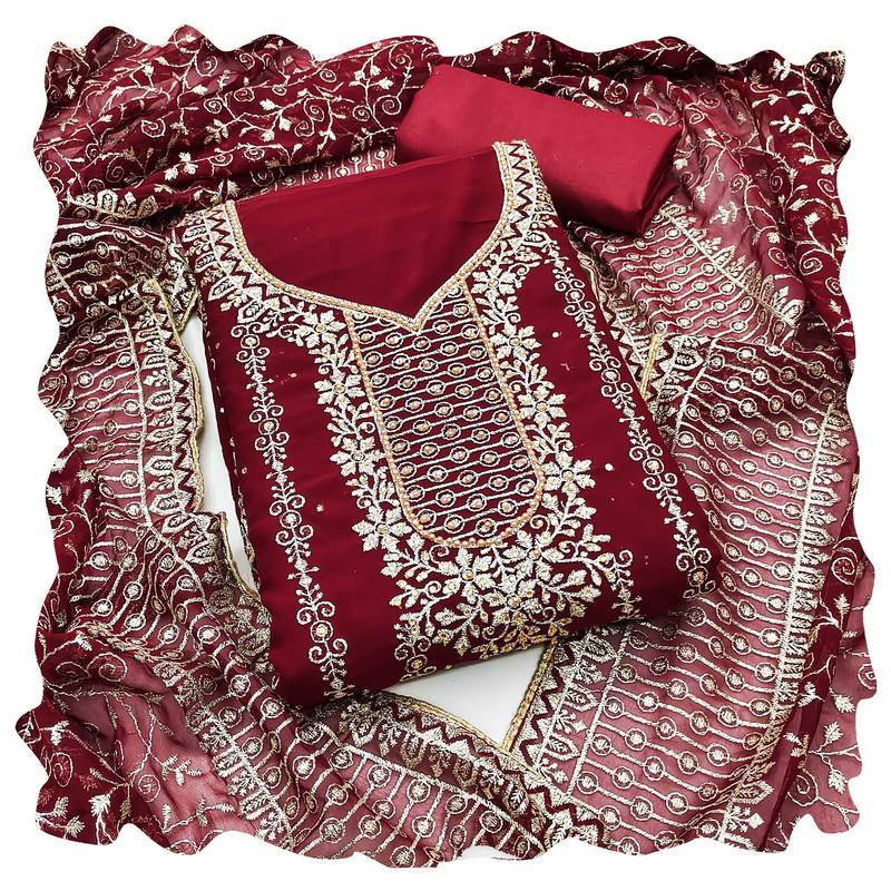 Women maroon georgette  dress material with dupatta