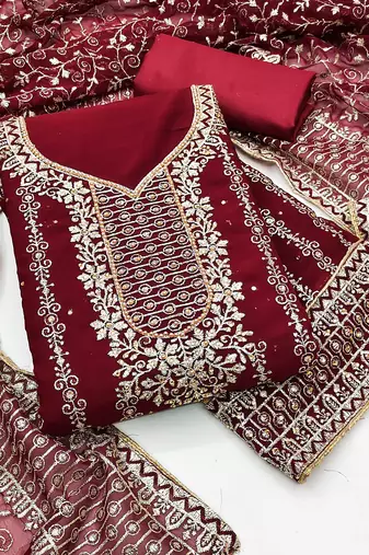 Women maroon georgette dress material with dupatta
