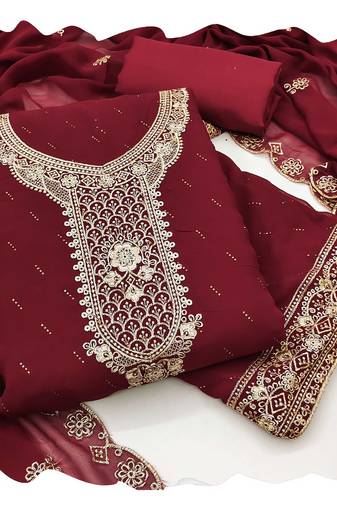 Women maroon georgette  dress material with dupatta