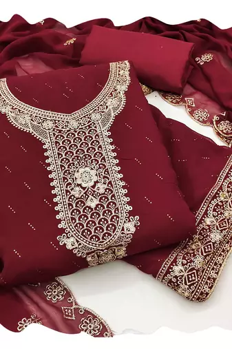 Women maroon georgette  dress material with dupatta