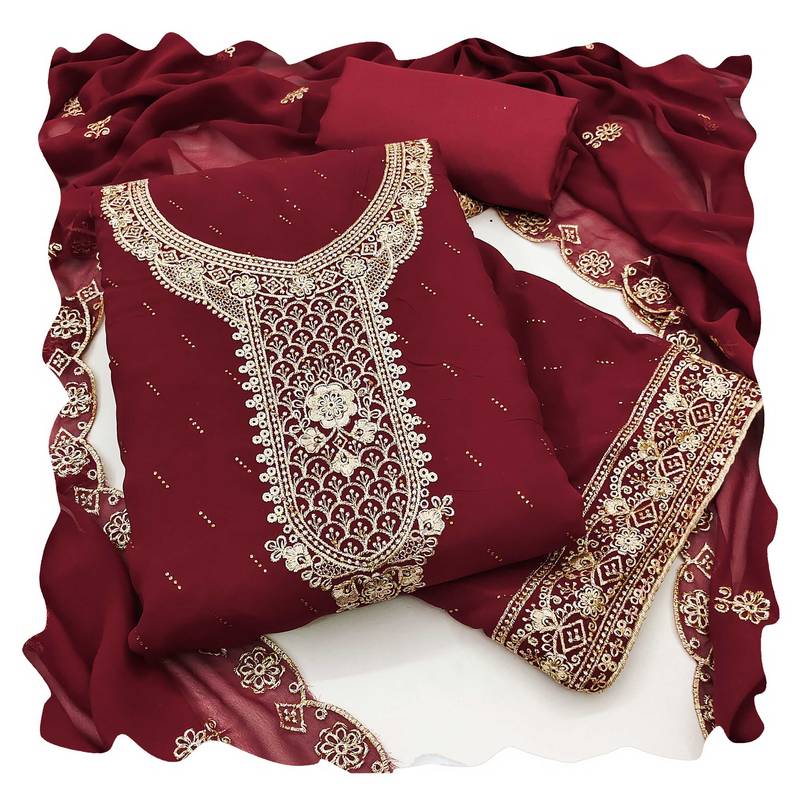 Women maroon georgette  dress material with dupatta